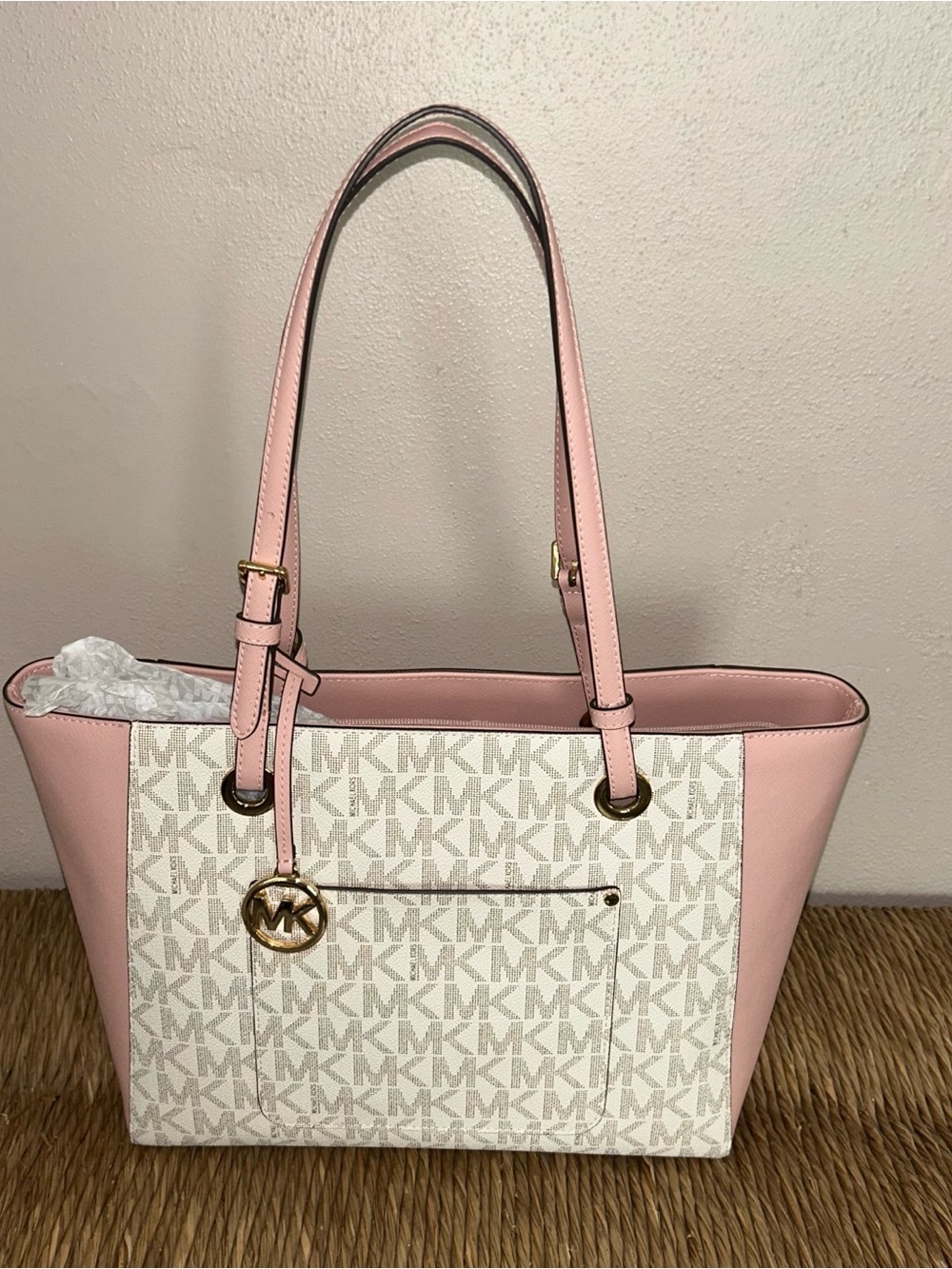 Michael Kors Pink and Cream Signature Tote with Gold Charm NWT